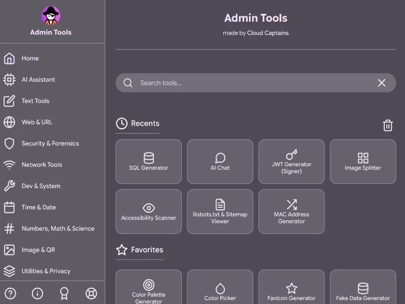 Admin Tools dashboard met zoekfunctie en favorieten
