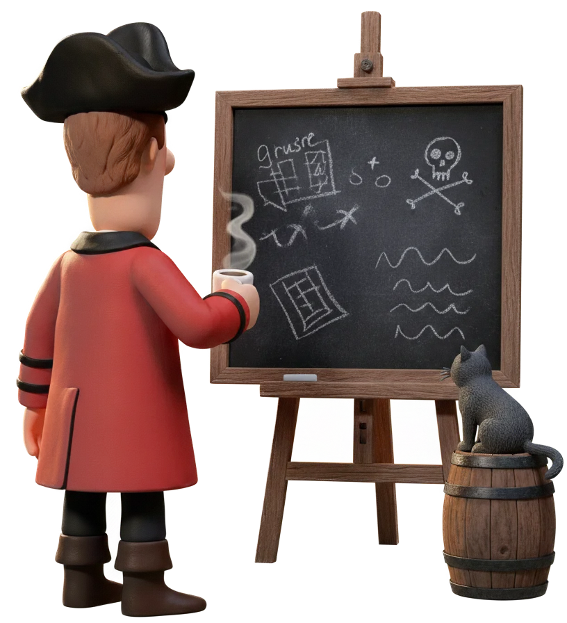 Cloud Captains kapitein tekent een diagram op een krijtbord