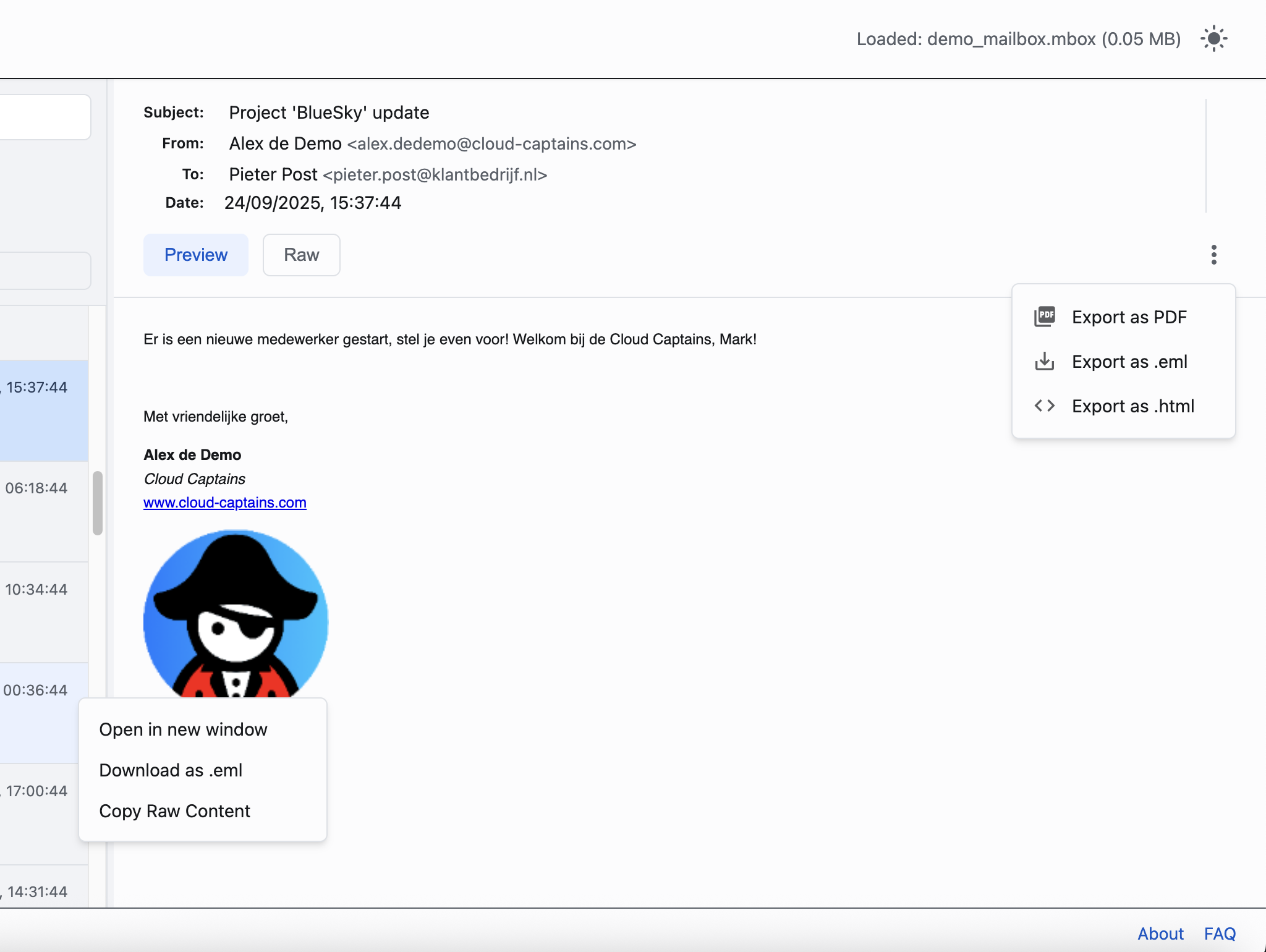 E-mailweergave met preview, raw source en export naar PDF, .eml of .html