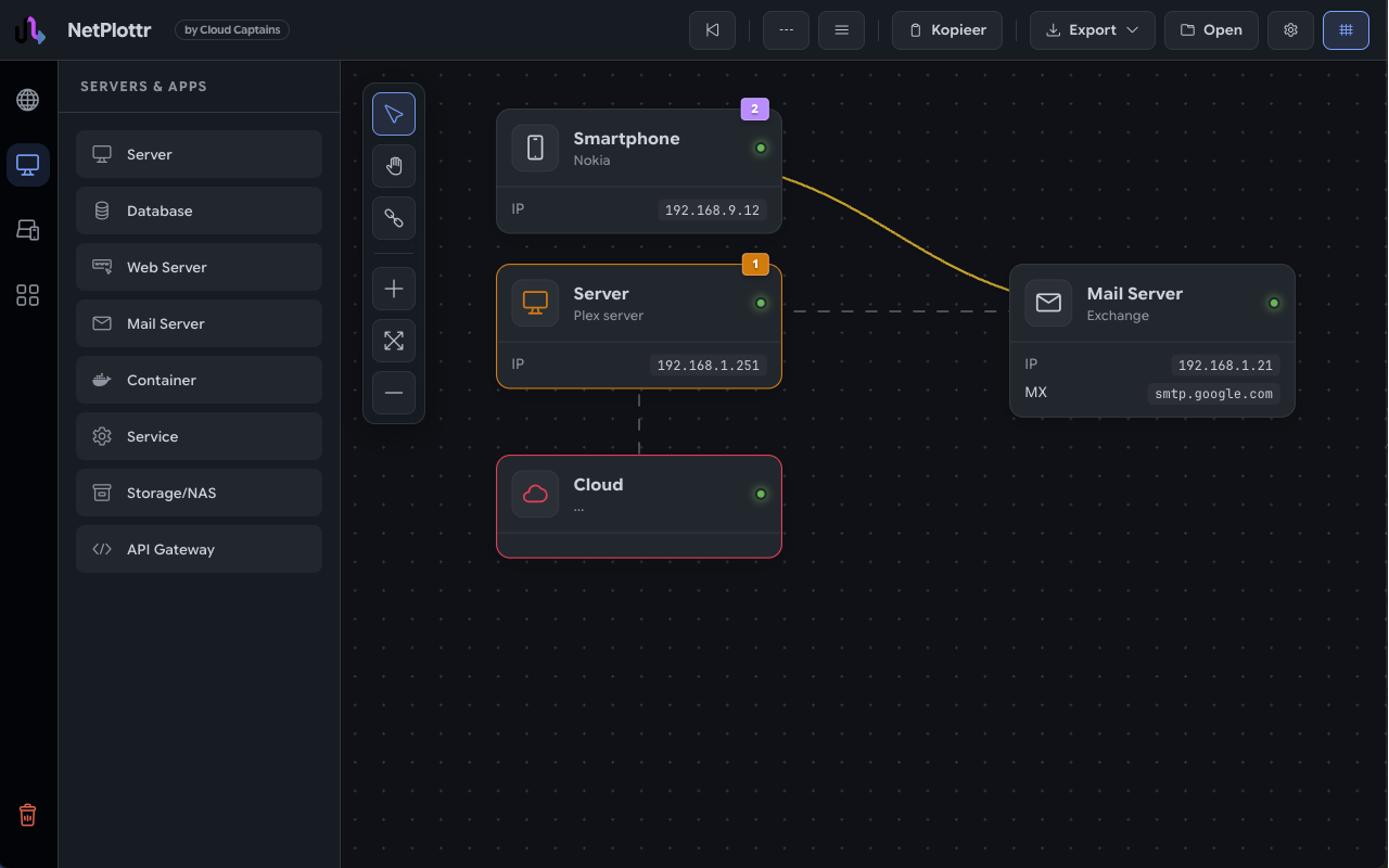 NetPlottr editor met componentenbibliotheek, statusbadges en IP-adressen in dark mode