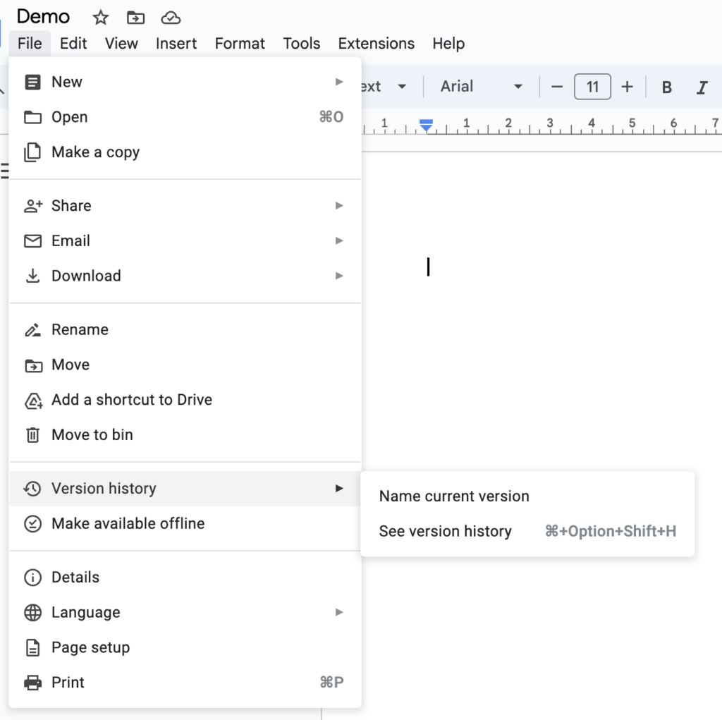 File version history in Google Docs
