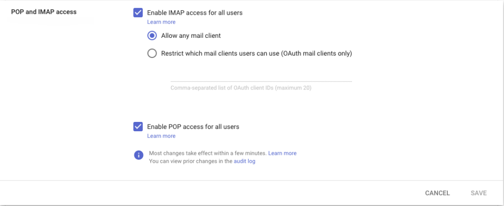 IMAP Setting Google Workspace Admin - https://admin.google.com/u/0/ac/apps/gmail/enduseraccess