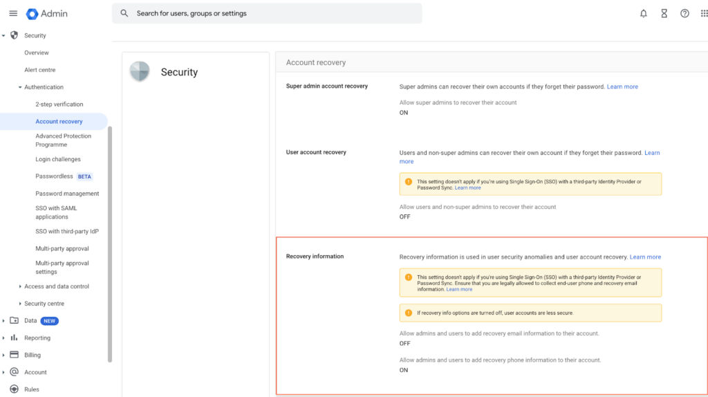 Google Password Restore for Users